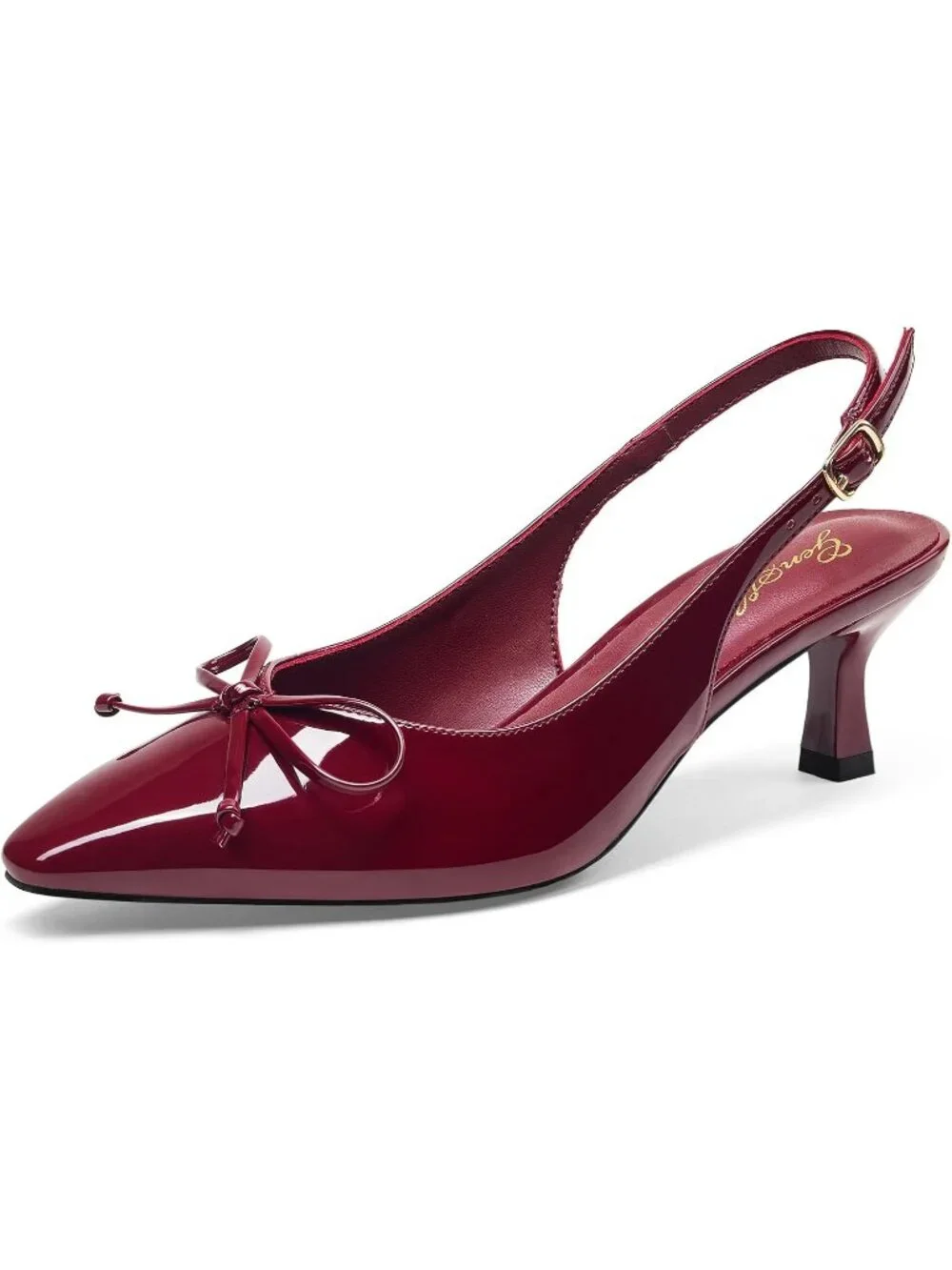 Women's Wine Red Bowknot Slingback Pump Pointed Closed Toe Low Kitten Heel Shoes
